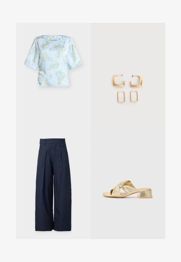 Blouse bleu clair à manches courtes, ornée d'un motif floral aux tons doux verts et bleus. Tissu lisse avec un col rond.; Pantalon large bleu marine avec plis, passants pour ceinture et taille haute, présenté sur un fond clair uni.; Sandales à enfiler en cuir doré avec un design en avant noué et un talon carré épais. Texture lisse avec une finition métallique.; Deux paires de Boucles d'oreilles créoles géométriques dorées sur une surface blanche unie, une paire carrée et pleine, une paire rectangulaire et creuse.