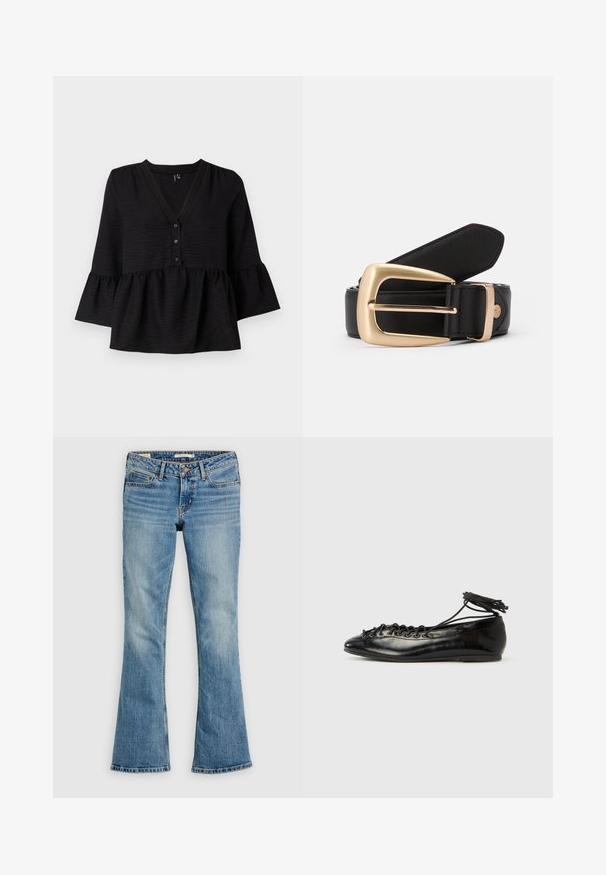 Blouse noire avec un décolleté en V, des boutons sur le devant et des manches évasées avec un ourlet volanté. Fabriquée en tissu texturé avec une coupe ample.; Jean en denim bleu clair avec un effet délavé, fermeture avant par bouton et zip, design à cinq poches et jambes légèrement évasées.; Ballerines en cuir verni noir avec un bout rond, un design à lacets et une semelle plate. Texture lisse avec peu de détails.; Ceinture en cuir noir avec une boucle rectangulaire en or. La ceinture a une texture lisse et un subtil détail de couture le long des bords.