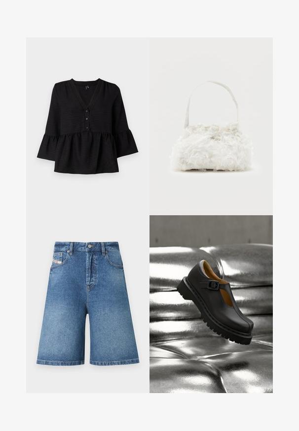 Blouse noire avec un décolleté en V, des boutons sur le devant et des manches évasées avec un ourlet volanté. Fabriquée en tissu texturé avec une coupe ample.; Shorts en denim bleu taille haute avec bouton frontal, fermeture éclair, passants pour ceinture et design cinq poches, présentés sur fond blanc.; Chaussure Mary Jane en cuir noir avec une semelle épaisse rainurée et une bride à boucle, flottant au-dessus d'une surface argentée brillante matelassée.; Petit sac à main blanc orné de roses en tissu recouvrant le corps et d'une fine anse unique, sur un fond uni.