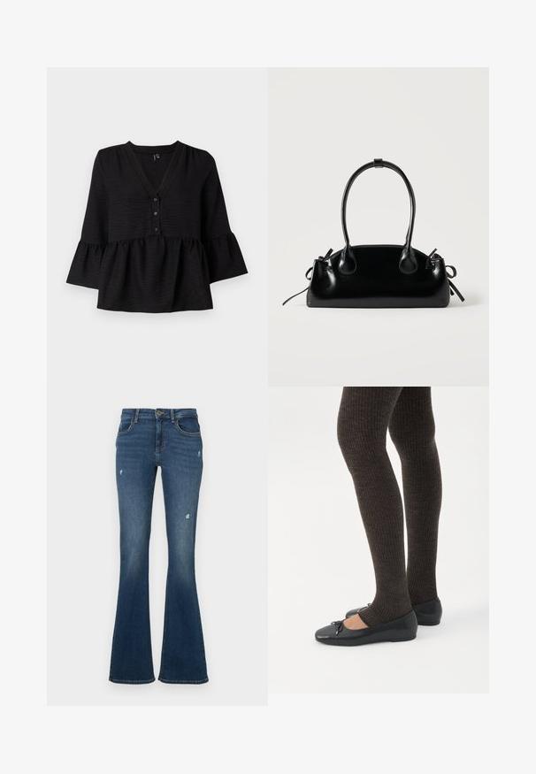 Blouse noire avec un décolleté en V, des boutons sur le devant et des manches évasées avec un ourlet volanté. Fabriquée en tissu texturé avec une coupe ample.; Jean en denim évasé bleu foncé avec des patches usés. Comprend cinq poches et une fermeture éclair. Tissu de poids moyen avec une texture lisse.; Jambes portant des leggings côtelés foncés associés à des ballerines noires avec de petits détails en nœud sur fond blanc.; Petit sac à main noir brillant avec deux longues anses et des détails à cordon sur les côtés sur un fond clair uni.