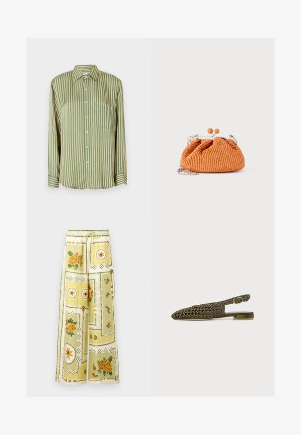 Chemise à manches longues avec des rayures verticales vertes et jaunes, dotée d'une poche poitrine et de boutons bleus. Fabriquée en tissu lisse.; Pantalon à jambes larges avec motifs patchwork floraux et géométriques jaune clair, ceinturé d'une bande élastique et d'un cordon de serrage.; Chaussure slingback plate tissée vert olive avec un petit talon carré et une bride à boucle dorée réglable.; Petit sac pochette tissé orange avec cadre en métal argenté, fermoir rond et bandoulière chaîne argentée sur fond blanc.