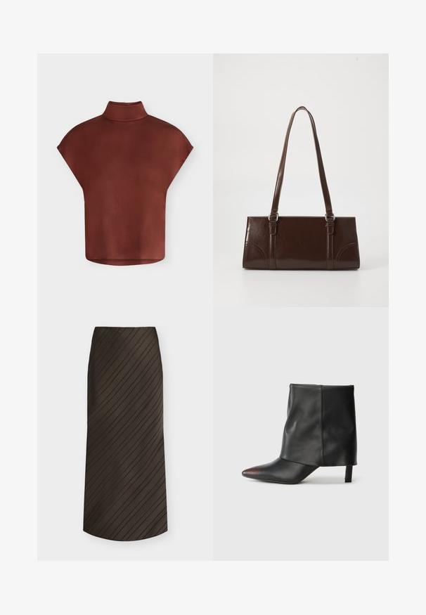 Chemisier en satin marron à manches courtes, col montant et silhouette ample et carrée, présenté sur un fond blanc uni.; Jupe trapèze marron foncé avec des rayures noires diagonales, longueur midi, et une ceinture simple.; Bottine noire en cuir lisse avec un bout pointu et un talon effilé. La tige présente un design légèrement froncé.; Sac à main en cuir verni marron de forme rectangulaire, avec deux longues poignées et des accents courbés subtils à l'avant.