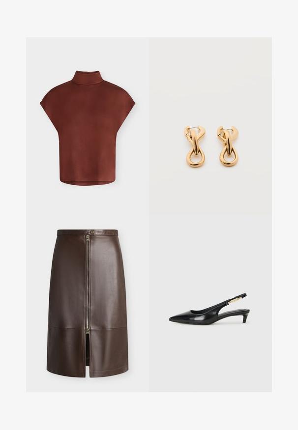Chemisier en satin marron à manches courtes, col montant et silhouette ample et carrée, présenté sur un fond blanc uni.; Jupe en cuir marron longueur genou avec fermeture éclair argentée sur le devant et fermeture par bouton à la taille, avec une petite fente à l'avant.; Talons hauts en cuir noir avec un bout pointu, dotés d'un talon fin et d'un accent en ton or sur la lanière réglable. Texture lisse.; Paire de boucles d'oreilles créoles en bouclettes dorées brillantes sur fond blanc uni, présentant un design torsadé entrelacé.