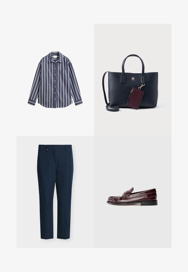 Chemise à manches longues boutonnée avec rayures verticales bleu marine et blanc, poche poitrine et col classique, étendue à plat sur un fond blanc.; Pantalon habillé bleu marine ajusté avec passants de ceinture et braguette zippée à l’avant.; Mocassin penny en cuir bordeaux avec semelle noire et détail en métal doré sur le dessus, présenté en vue latérale sur fond blanc.; Sac fourre-tout marine en matériau texturé avec double poignées et portefeuille bordeaux amovible. Accent logo en or à l'avant. Sangle d'épaule réglable incluse.