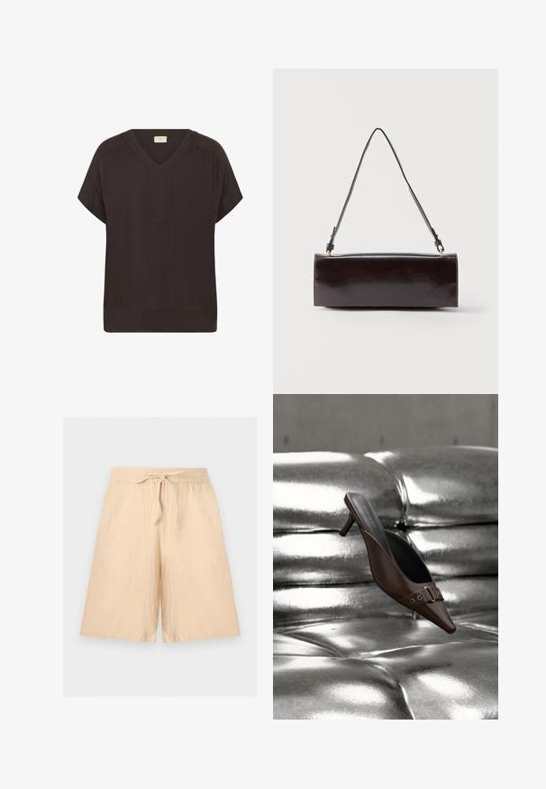 Chemise marron foncé à manches courtes avec col en V et coupe décontractée, présentant des fronces subtiles aux épaules et un ourlet large en bas.; Short ample beige clair avec taille élastique et cordon de serrage, confectionné en tissu froissé adapté à une tenue décontractée.; Mule à talon brun à bout pointu avec détail boucle flottant au-dessus d'une surface en cuir argenté capitonnée brillante.; Sac à main rectangulaire en cuir noir avec une longue bandoulière unique et une finition brillante, présenté sur un fond blanc uni.