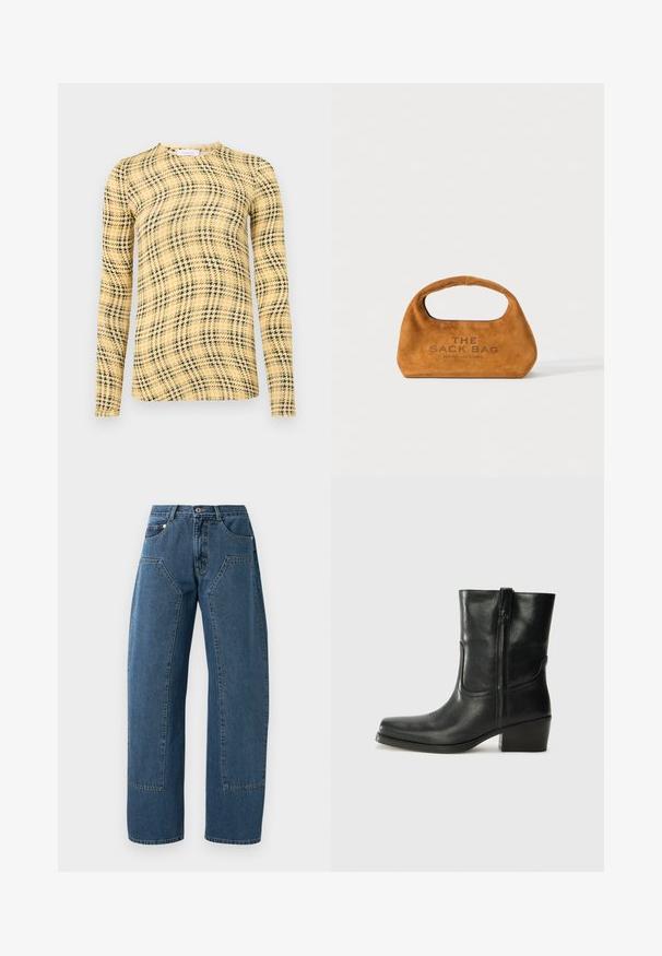 Rabanne Top s dlhým rukávom - green/yellow/cream; Modré denimové džínsy so širokými nohavicami, veľkými prednými vreckami, zapínaním na gombík a pútkami na opasok.; Čierne kožené členkové topánky s okrúhlou špičkou, blokovým podpätkom, bočným zipsom a prešívaním na priehlavku. Hladká textúra, klasický dizajn.; Hnedá semišová taška s integrovaným držadlom a tlačou "THE SACK BAG MARC JACOBS" na prednej strane, vystavená na bielom pozadí.