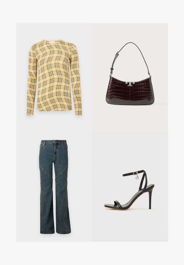 Rabanne Langarmshirt - green/yellow/cream; Blaue Denim-Jeans mit weitem Bein, ausgestattet mit geschwungenen Nahtdetails und klassischem Fünf-Taschen-Design. Unvollendeter Saum am unteren Ende.; Schwarze High-Heel-Sandale mit schmalem Knöchelriemen, quadratischer Zehenbox, glattem Leder und metallischem Schnallenakzent.; Dunkelbraune, krokodilpräge Leder Schultertasche mit silbernem Logo-Verschluss und verstellbarem Trageriemen auf weißem Hintergrund.