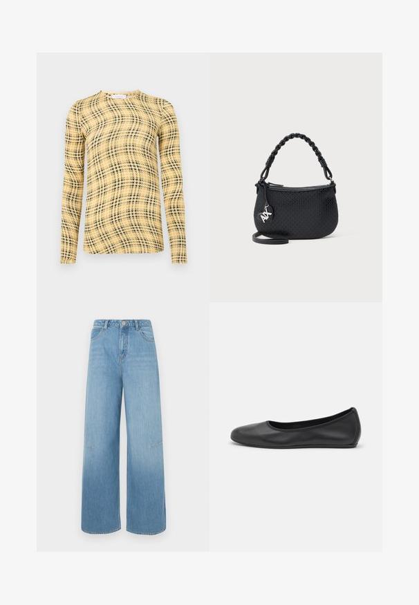 Rabanne Top s dlhým rukávom - green/yellow/cream; Svetlomodré široké nohavice s vysokým pásom, ktoré majú dve predné vrecká, jemné štepovanie a uvoľnený strih.; Čierne kožené baleríny s okrúhlou špičkou, hladkým povrchom, minimálnym prešívaním a flexibilným dizajnom podrážky.; Čierna taška s textúrou, pletenou rukoväťou, zipsovým zapínaním a strieborným príveskom s logom na jednoduchom svetlom pozadí.
