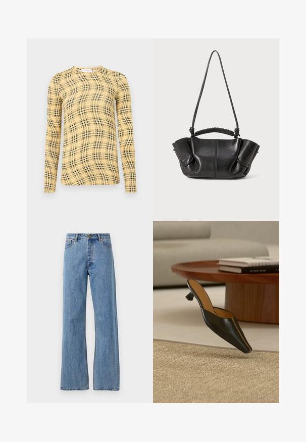 Rabanne Top s dlhým rukávom - green/yellow/cream; Svetlo modré vysoké rovné džínsy s predným gombíkom, zipsom a päť vreckovým dizajnom na bielom pozadí.; Čierny kožený mule s nízkym geometrickým podpätkom na béžovom koberci, blízko okrúhleho dreveného konferenčného stolíka s naskladanými knihami.; Čierna kožená kabelka s textúrovaným povrchom, mäkkými záhybmi, dvojitými popruhmi a detailmi tkaného úchytu. Kompaktná, s otvoreným vrchom.