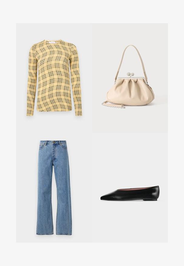 Rabanne Top s dlhým rukávom - green/yellow/cream; Svetlo modré vysoké rovné džínsy s predným gombíkom, zipsom a päť vreckovým dizajnom na bielom pozadí.; Čierna kožená dámska balerína s špicatou špičkou a nízkym opätkom, zobrazená z boku na jednoliatom svetlosivom pozadí.; Béžová mäkká kožená kabelka so striebornou kovovou rámovou sponou, jedným ramenným remienkom a voliteľným retiazkovým remienkom na bielom pozadí.
