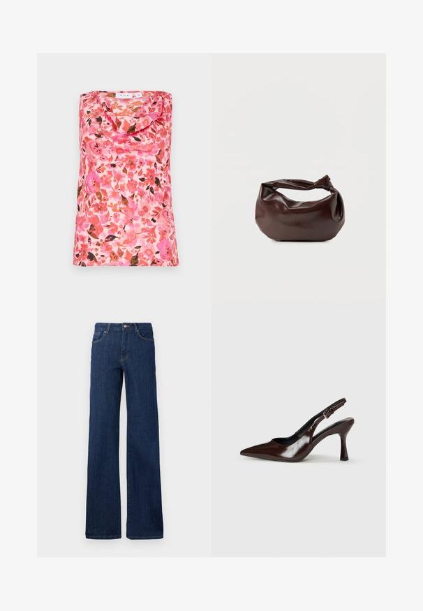 Top sans manches avec un col drapé, motif floral dans des teintes de rose, orange et marron, texture lisse, fabriqué en tissu léger.; Jean en denim bleu foncé avec une coupe droite, cinq poches, fermeture par bouton et zip, et peu de détails de couture. Texture lisse.; Talons slingback en cuir verni brun avec un bout pointu, un talon fin, et une sangle réglable avec une petite boucle.; Sac bandoulière en cuir marron foncé avec une forme souple et décontractée et une anse nouée torsadée sur un fond blanc uni.