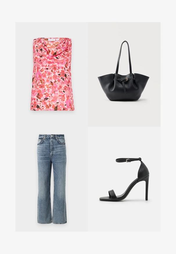 Top sans manches avec un col drapé, motif floral dans des teintes de rose, orange et marron, texture lisse, fabriqué en tissu léger.; Jeans taille haute bleu clair avec une coupe évasée, finis avec un léger délavage, design à cinq poches et matériel en métal pour le bouton.; Sandale noire à talons hauts au design épuré, avec une bride au niveau de la cheville, un bout ouvert et une texture en cuir lisse.; Sac cabas en cuir noir avec longues poignées et une lanière avant ornée d'une petite boucle dorée, sur fond uni.