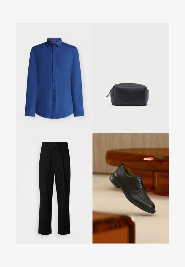 Chemise bleue à manches longues avec ouverture boutonnée à l'avant et col pointu, présentée sur fond blanc.; Pantalons noirs à jambes droites avec une taille à bouton, passants de ceinture et pli avant, présentés sur un fond blanc uni.; Chaussure habillée noire en cuir à lacets avec devant texturé, flottant au-dessus d'un tapis beige dans une pièce moderne avec des meubles teintés d'ambre.; Trousse de toilette rectangulaire en cuir noir avec fermeture éclair et nom de marque embossé sur le devant, sur fond blanc uni.