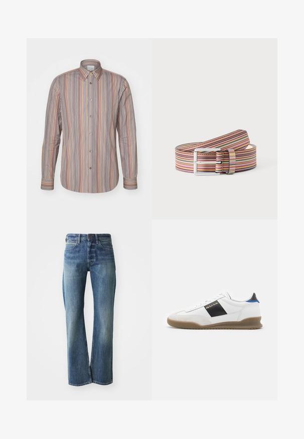 Stribet skjorte med knap i forskellige farver. Lange ærmer, klassisk krave og en glat tekstur.; Denim jeans med en lys til mellemblå farve, lige ben skæring, klassisk fem-lommer design og subtil falmning foran.; Hvid sneakers med sorte og blå detaljer, overdel i ruskind og læder, rund tå, flad gummisål og guld brandingdetalje på siden.; Snoet læderbælte med et farverigt horisontalt stribemønster og en sølvfarvet rektangulær spænde på en ensfarvet baggrund.