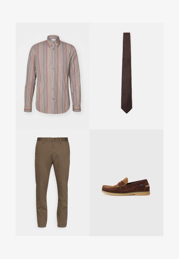 Stribet skjorte med knap i forskellige farver. Lange ærmer, klassisk krave og en glat tekstur.; Brune, strækstofbukser med slim fit. Indgår en glat talje, bæltestropper og to forlommer.; Brune suedetøfler med en tan læderdetalje, gummisål og dekorativ syning. Har slip-on design og præget branding på siden.; Brun slips med et struktureret mønster, slankt design og spids ende. Fremstillet af stof, med en glat overflade og subtil glans.