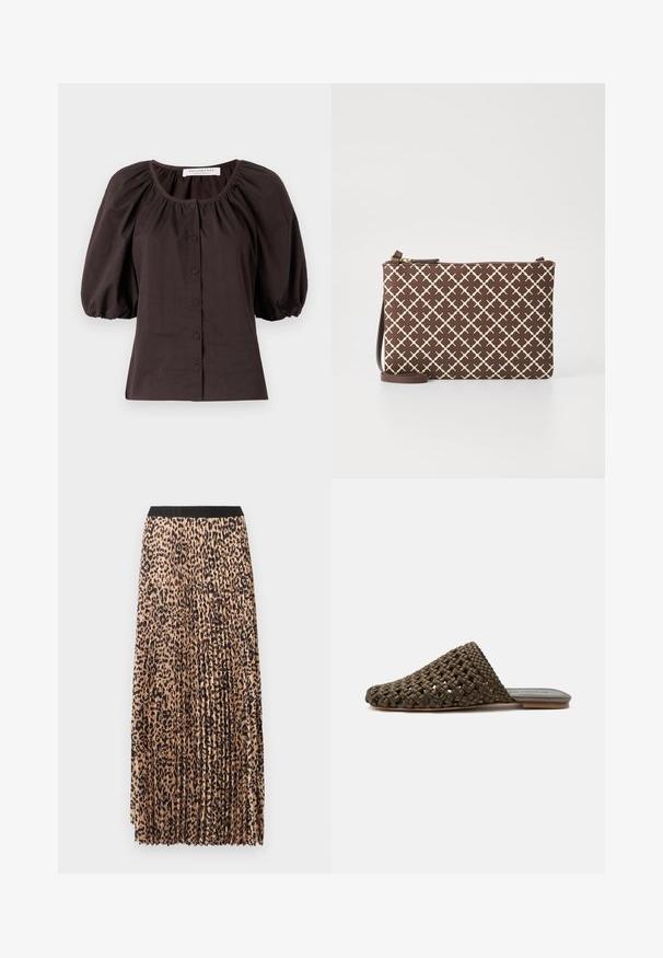 Blouse à manches bouffantes marron foncé avec un col rond et six boutons sur le devant. Fabriquée en tissu léger avec une finition texturée.; Jupe longue plissée beige à imprimé léopard noir. Elle présente une ceinture noire, une texture douce et une coupe fluide.; Mule tissée marron à enfiler avec une semelle plate et un bout fermé arrondi sur fond blanc.; Pochette marron à motifs avec un design géométrique en beige clair, dotée d'une fermeture éclair et d'une bandoulière réglable marron.