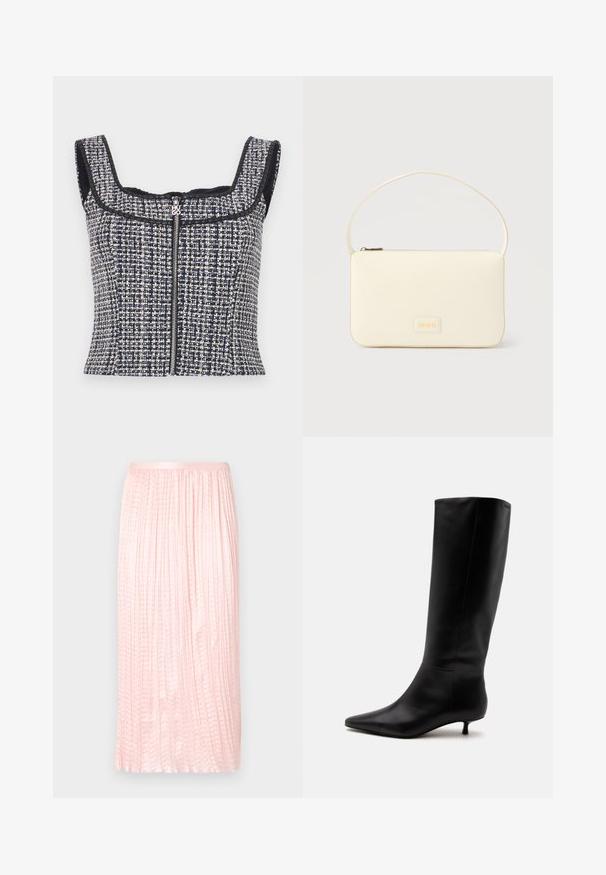 Top court en tweed bleu marine et blanc avec un encolure carrée, sans manches et une fermeture éclair à l'avant avec un tirette de marque.; Jupe midi plissée en rose doux, avec une texture lisse et une taille élastique. Conçue avec des plis verticaux pour un aspect fluide.; Botte noire en cuir jusqu'au genou avec bout pointu et petit talon kitten sur un fond clair uni.; Sac à main rectangulaire de couleur crème avec une seule sangle et une fermeture éclair sur le dessus, comportant une petite plaque de logo embossé à l'avant.