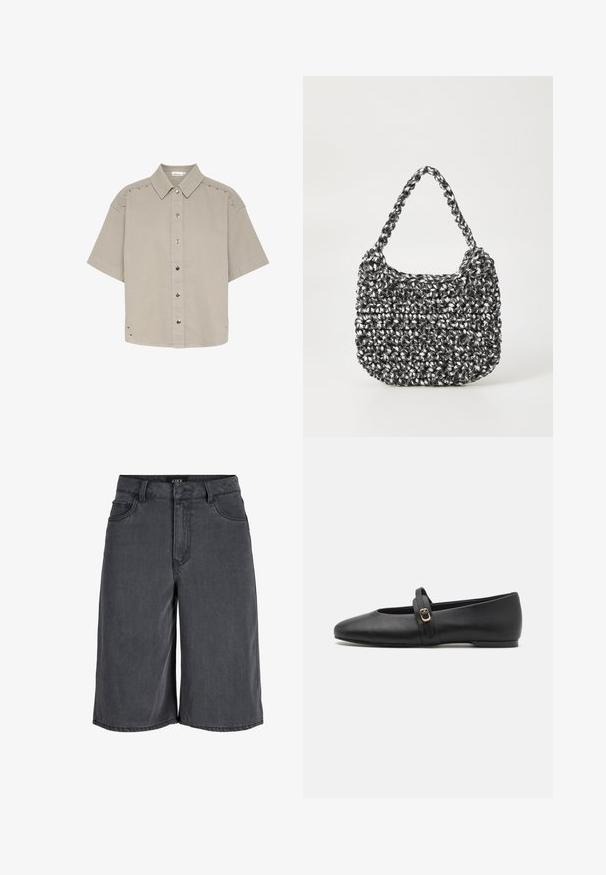 Chemise à manches courtes, gris clair, en tissu texturé, avec des boutons-pression et des accents en clous le long des épaules et des côtés.; Shorts en denim noir longueur genou avec passants de ceinture, bouton à l'avant, fermeture éclair, ainsi que poches avant et arrière.; Chaussure plate en cuir noir avec un design à bout rond, dotée d'une fine sangle avec un accent en boucle dorée sur le cou-de-pied.; Sac en osier noir et blanc de forme arrondie, avec une surface texturée et une poignée tressée. Convient à un usage décontracté.