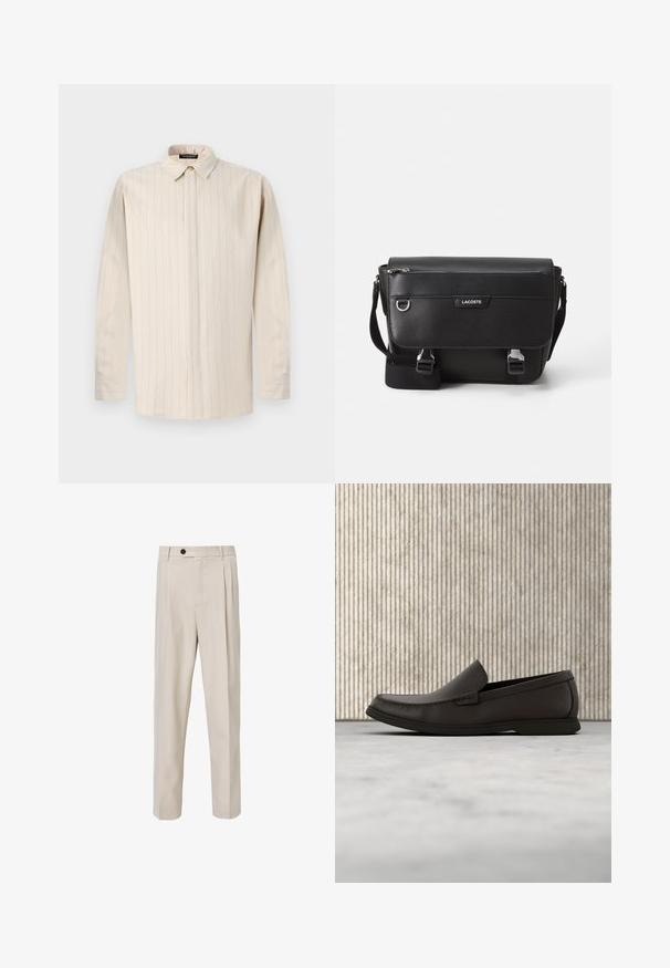 Lyse beige langærmet skjorte med knapkrave, der har lodrette striber, lige snit og enkeltknapsmanchetter.; Beige skræddersyede bukser med lige ben-design, der har frontplisseringer, knaplukning og en glat tekstur.; Mørkebrun lædersko med elastik og hvid gummisål samt syninger, vist fra siden på en neutral baggrund.; Sort tekstureret Lacoste messengertaske med justerbar rem, frontklap, lynlås lomme og metalspænder.
