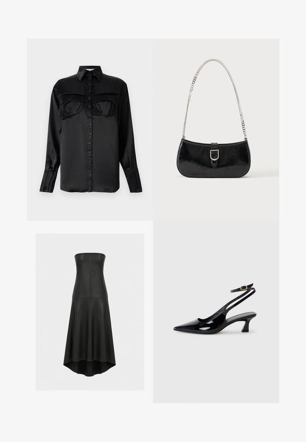 Schwarze Satin-Hemdbluse mit langen Ärmeln, zwei Brusttaschen, spitzem Kragen und Ein-Knopf-Manschettendetail. Glatte Textur.; Schwarzes trägerloses Kleid aus Kunstleder mit figurbetontem Oberteil und ausgestelltem Rock, mit Nahtdetails und einem hoch-tiefen Saum.; Schwarze Lackleder Slingback-Absätze mit spitzem Schuhblatt, niedrigem Blockabsatz und verstellbarem Knöchelriemen mit goldener Schnalle.; Schwarze Schultertasche aus Lackleder mit silberner Schnalle und silbernem Kettenriemen, auf hellem einfarbigen Hintergrund präsentiert.