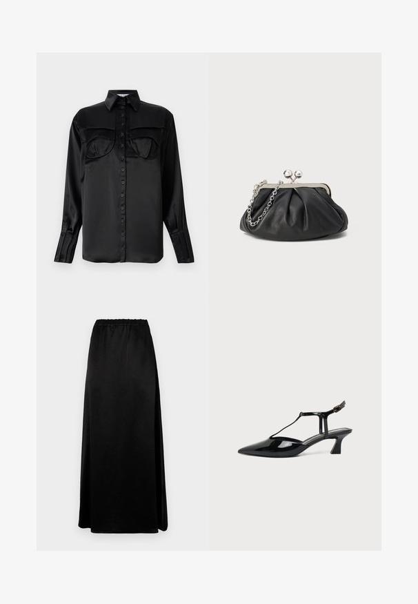 Schwarze Satin-Hemdbluse mit langen Ärmeln, zwei Brusttaschen, spitzem Kragen und Ein-Knopf-Manschettendetail. Glatte Textur.; Lange schwarze Rock mit glatter, zerknitterter Textur und elastischem Bund. Hat einen seitlichen Schlitz für mehr Bewegungsfreiheit und eine schlanke Silhouette.; Schwarzer Slipper aus Lackleder mit spitz zulaufender Kappe, T-Riemen und niedrigem, schrägem Blockabsatz vor weißem Hintergrund.; Schwarze Leder-Clutch mit geraffter Textur, silberfarbener Metallrahmen, Druckverschluss und Kettenriemen. Glatte, weiche Oberfläche.