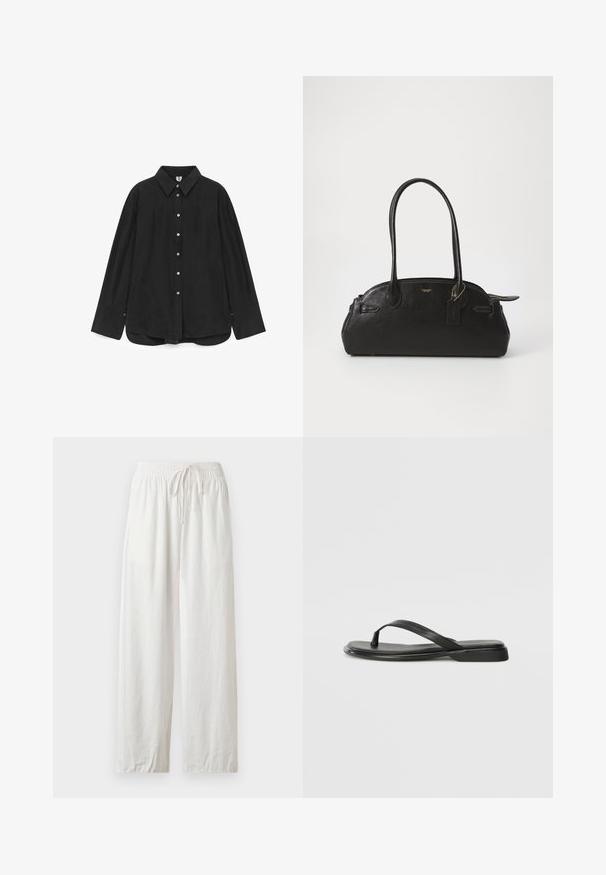 Chemise noire à boutons en tissu lisse, dotée d'un col, de manches longues et d'un ourlet légèrement incurvé avec des accents de boutons.; Pantalon ample en lin blanc avec taille élastique et cordon, présenté à plat sur un fond neutre.; Tongs noires en cuir lisse, avec un design de sangle fine et une semelle plate à profil minimal. Aucun motif ou accent notables.; Sac à main en cuir noir de forme arrondie, avec deux longues poignées, des éléments en métal doré et une petite étiquette accrochée. Fermeture zippée sur le dessus.