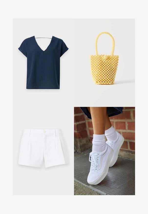 Top de color azul marino con escote en V y mangas cortas, hecho de tejido texturizado, con un corte relajado y un diseño simple. Sin elementos metálicos o adornos visibles.; Bermudas de lino blancas con pliegues, cierre de botón y bolsillos laterales. Presentan un corte ajustado y una textura suave.; Zapatillas de lona blancas con suelas de goma, que presentan seis ojales, puntera redonda y detalles de costura ligera, combinadas con calcetines blancos hasta el tobillo.; Bolso pequeño estilo bolso cubo hecho de cuentas brillantes de color crema con asa de cuentas en forma de lazo y cierre decorativo con nudo de cuentas.