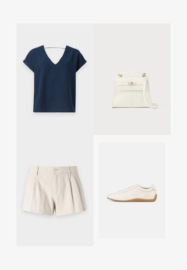 Top de color azul marino con escote en V y mangas cortas, hecho de tejido texturizado, con un corte relajado y un diseño simple. Sin elementos metálicos o adornos visibles.; Pantalones cortos de lino en un color beige claro, con un diseño plisado, cierre frontal de botón y un acabado suave y texturizado.; Zapatilla deportiva de cuero blanco con textura suave, punta redondeada y costuras tono sobre tono. Cuenta con una suela de goma color cuero y cierre de cordones.; Bolso de mano de piel blanca con forma estructurada, asa superior, correa de hombro desmontable y cierre con broche plateado. Textura suave, diseño minimalista.