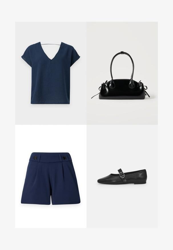 Top de color azul marino con escote en V y mangas cortas, hecho de tejido texturizado, con un corte relajado y un diseño simple. Sin elementos metálicos o adornos visibles.; Pantalones cortos entallados azul marino hechos de tejido ligero, con dos pliegues frontales y dos botones negros en la cintura.; Zapato plano de cuero negro con punta redondeada, una sola correa ajustable con hebilla y una textura suave y brillante. Diseño minimalista con un tacón bajo.; Pequeño bolso negro brillante con dos asas largas y detalles de cordón lateral sobre un fondo claro liso.