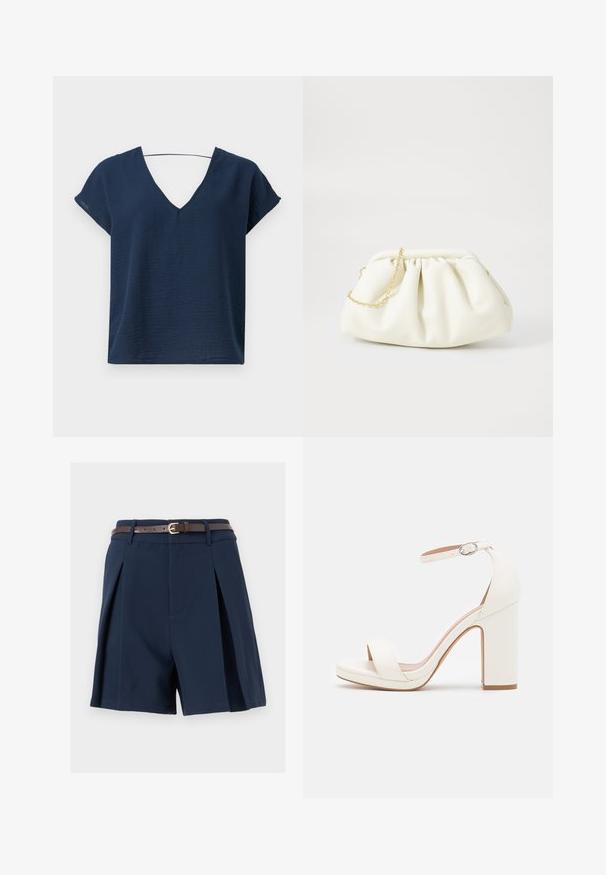 Top de color azul marino con escote en V y mangas cortas, hecho de tejido texturizado, con un corte relajado y un diseño simple. Sin elementos metálicos o adornos visibles.; Pantalones cortos de talle alto en azul marino con pinzas delanteras, trabillas y un cinturón delgado de cuero marrón con hebilla dorada.; Sandalias de tacón alto blancas con correa en el tobillo, diseño minimalista, punta abierta, tacón cuadrado y textura de cuero suave.; Bolso de mano de cuero blanco con un diseño recogido, cuenta con una cadena dorada y forma redondeada. Textura suave con pliegues suaves y sin patrones.