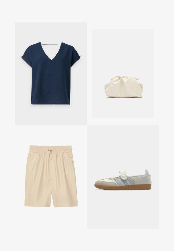 Navyblaues V-Ausschnitt-Oberteil mit kurzen Ärmeln, aus strukturiertem Stoff, mit lockerer Passform und einfachem Design. Keine sichtbaren Befestigungen oder Verzierungen.; Beige Shorts aus Kunstleder mit elastischem Bund und Kordelzug. Verfügt über Seitentaschen und eine lockere Passform. Glatte Textur.; adidas Originals SAMBA JANE BALLERINA - Riemchenballerina - cloud white/halo blue; Weiche, cremefarbene Leder-Clutch mit gerafftem Design und einem dünnen Schulterriemen, der vorne auf einem schlichten Hintergrund liegt.
