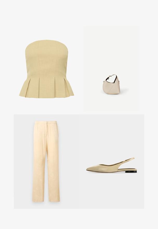 Haut péplum beige sans bretelles avec des coutures verticales et des plis à la taille créant une silhouette évasée.; Pantalons lâches de couleur jaune clair avec un motif de feuilles subtil. Dotés d'une taille élastique et d'une coupe droite. Texture lisse.; Chaussure plate beige à bout pointu avec bride arrière, petit talon noir et finition en cuir lisse, vue de côté sur un fond uni.; Sac à main en cuir beige en forme de croissant avec une seule bandoulière et des coutures minimalistes, posé sur un fond blanc uni.