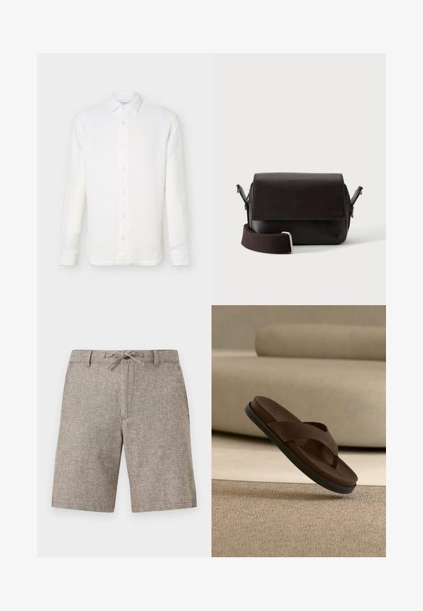 Chemise blanche à manches longues avec boutons et col classique, réalisée en tissu léger texturé, présentée sur un fond uni.; Shorts texturés de couleur brun clair, longueur genou, avec passants de ceinture, cordon de serrage noué et poches latérales, présentés sur un fond uni.; Sandale claquette en cuir marron avec une semelle noire suspendue au-dessus d'un tapis beige dans un intérieur aux tons neutres.; Sac bandoulière en cuir marron foncé avec fermeture à rabat et sangle en tissu réglable sur fond blanc.