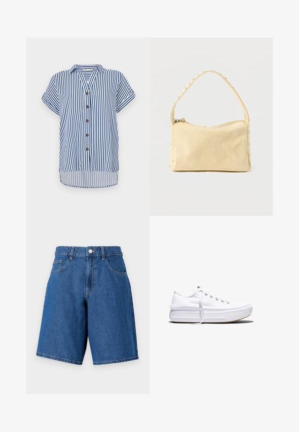 Chemise à manches courtes à boutons avec des rayures verticales bleues et blanches, un col, cinq boutons marron et un ourlet légèrement arrondi.; Shorts en denim bleu moyen, avec une taille haute, des passants de ceinture, deux poches avant et une coupe droite avec des détails cousus.; Baskets basses blanches en toile avec semelle plateforme épaisse, lacets sur le devant et embout en caoutchouc texturé, vues de profil.; Petit sac à main en cuir beige avec une seule bandoulière et des clous argentés le long des bords et de la bandoulière, posé sur un fond uni.