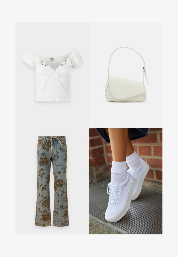 Top blanco sin mangas con tela fruncida, mangas cortas abullonadas, bordado floral en el escote y detalle de lazo en la parte delantera.; Jeans acampanados en denim azul claro con un estampado floral en todo el tejido en marrón oscuro. Costuras expuestas y detalles de cintura con cordón.; Zapatillas de lona blancas con suelas de goma, que presentan seis ojales, puntera redonda y detalles de costura ligera, combinadas con calcetines blancos hasta el tobillo.; Bolso de mano de imitación cuero blanco con una forma triangular estructurada, correa ajustable única y cierre con solapa acentuada en curva.