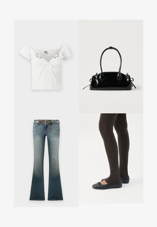 Top blanco sin mangas con tela fruncida, mangas cortas abullonadas, bordado floral en el escote y detalle de lazo en la parte delantera.; Pantalones vaqueros acampanados en un degradado de azul claro a oscuro, con una cinturilla bordada y un cordón marrón para un detalle adicional.; Piernas con leggings oscuros acanalados combinados con bailarinas negras que presentan pequeños detalles de lazo sobre un fondo blanco.; Pequeño bolso negro brillante con dos asas largas y detalles de cordón lateral sobre un fondo claro liso.