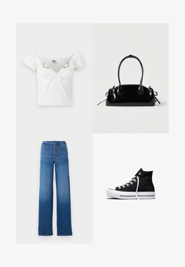 Witte off-the-shoulder top van smockstof, korte puffmouwen, bloemenborduurwerk bij de halslijn en een strikdetail aan de voorkant.; Brede blauwe denim jeans met een hoge taille en vijf knopen. Kenmerkt zich door klassieke stiksels en een nette zoom.; Zwarte hooggesloten canvas sneaker met witte rubberen zool en witte veters, zijwaarts weergegeven op een witte achtergrond.; Kleine zwarte glanzende handtas met twee lange hengsels en zijkant trekkoord details op een effen lichte achtergrond.