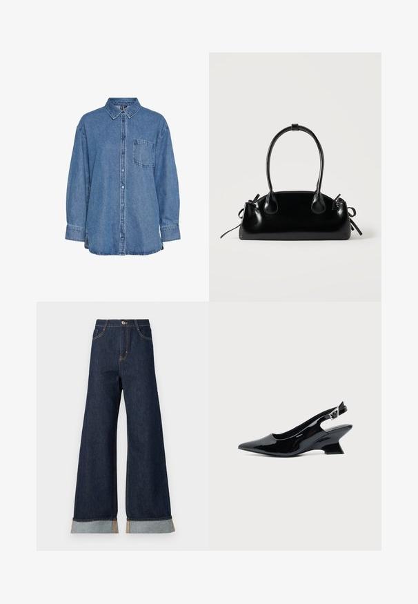 Jeanshemd in Hellblau mit durchgehender Knopfleiste, klassischem Kragen, einer Brusttasche und langen Ärmeln mit Manschetten.; weit geschnittene dunkelblaue Denim-Jeans mit orangefarbenen Nähten, hohen Bund, zwei vorderen Taschen und umgeschlagenen Säumen, die einen hellblauen Kontraststoff zeigen.; Schwarzer Slingback-Schuh aus Lackleder mit spitzer Spitze und niedrigem, schrägem Blockabsatz auf einfachem hellem Hintergrund.; Kleine schwarze glänzende Handtasche mit zwei langen Griffen und seitlichen Kordelzug-Details vor einfachem hellem Hintergrund.
