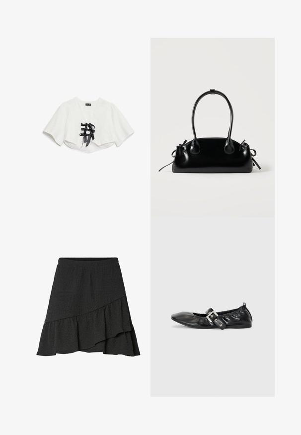 Weißes, kurzärmeliges Crop-Top mit strukturiertem Muster, V-Ausschnitt und drei schwarzen Satinband-Schleifen vorne.; Schwarzer strukturierter Wickelrock mit asymmetrischem, gerafftem Saum und elastischem Bund.; Schwarze Leder-Ballerinas mit spitzem Zehenbereich, gerafften Details am Schaft und einem silbernen Schnallenakzent am verstellbaren Riemen.; Kleine schwarze glänzende Handtasche mit zwei langen Griffen und seitlichen Kordelzug-Details vor einfachem hellem Hintergrund.