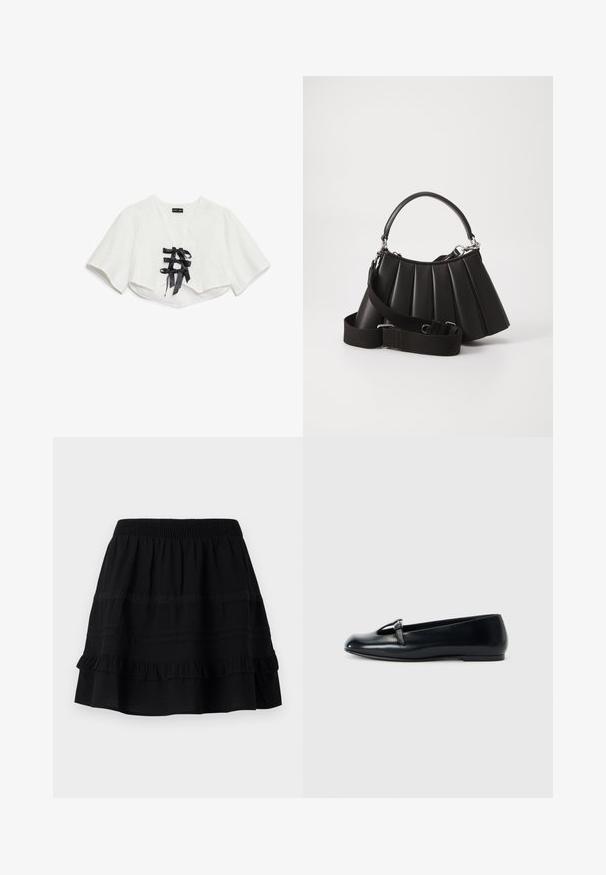 Weißes, kurzärmeliges Crop-Top mit strukturiertem Muster, V-Ausschnitt und drei schwarzen Satinband-Schleifen vorne.; Schwarzer Baumwollrock mit einem gestuften Rüschendesign, ausgestattet mit einem elastischen Bund und Verzierungen aus kontrastierenden Nähten und Spitzenbändern.; Schwarze Leder-Ballettschuhe mit runder Zehenpartie, die über ein ausgeschnittenes Design und einen kleinen silberfarbenen Schnallenakzent verfügen. Flache Sohle für Komfort.; Schwarze, gefaltete Handtasche mit einem runden Griff, verstellbarem Schulterriemen und glänzender Textur. Verfügt über silberne Hardware und eine strukturierte Silhouette.