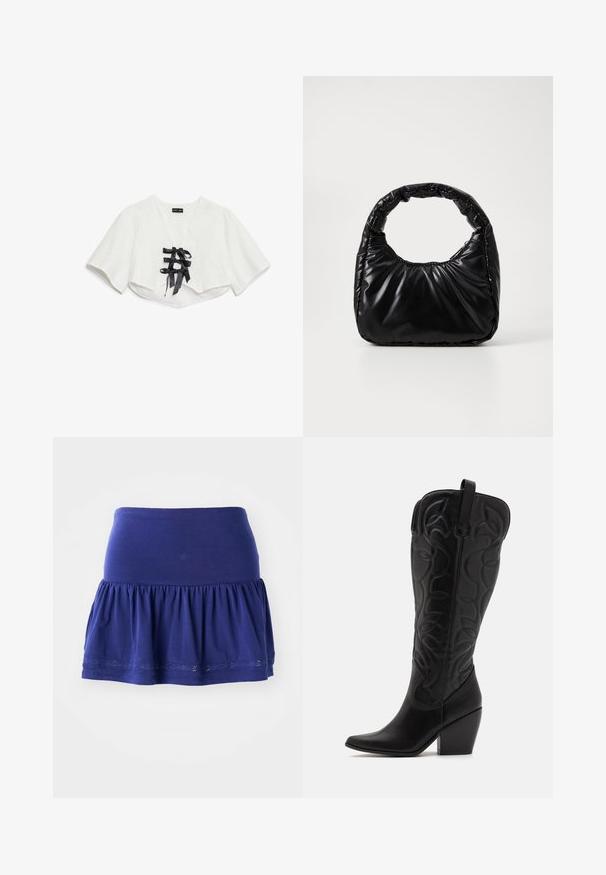 Top corto blanco con mangas cortas, que presenta un patrón texturizado, escote en V y tres lazos de satén negro en la parte delantera.; Falda de jersey azul marino con un fondo fruncido, cintura elástica y borde decorativo bordado a lo largo del dobladillo. Tejido suave y ligero.; Botas negras de cuero hasta la rodilla con punta puntiaguda y tacón apilado. Presentan costuras decorativas y elementos de diseño curvados.; Bolso negro acolchado con un asa redondeada, que presenta una superficie lisa y brillante y una textura suave y acolchada. Sin herrajes ni acentos visibles.