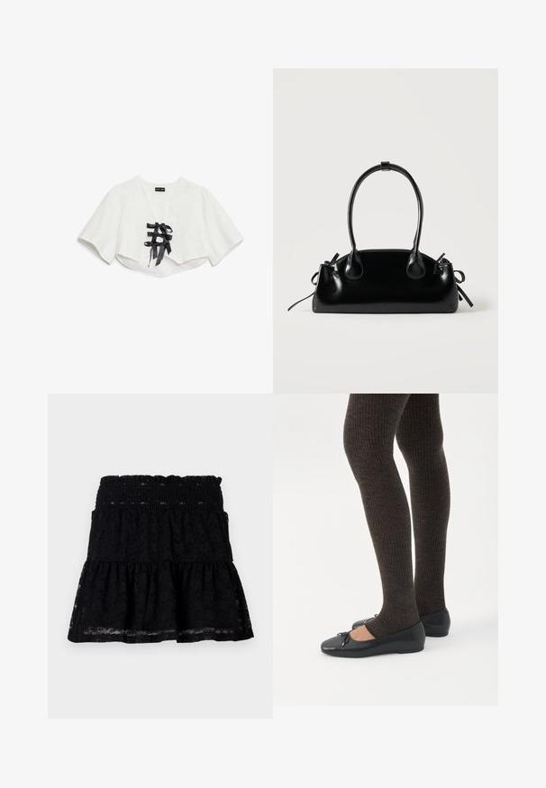Weißes, kurzärmeliges Crop-Top mit strukturiertem Muster, V-Ausschnitt und drei schwarzen Satinband-Schleifen vorne.; Schwarzer Spitzenrock mit einem gerafften Bund. Verfügt über ein ausgestelltes, gestuftes Design und eine transparente Textur, die ein gestuftes Erscheinungsbild kreiert.; Beine in dunklen, gerippten Leggings kombiniert mit schwarzen Ballerinas mit kleinen Schleifendetails auf weißem Hintergrund.; Kleine schwarze glänzende Handtasche mit zwei langen Griffen und seitlichen Kordelzug-Details vor einfachem hellem Hintergrund.
