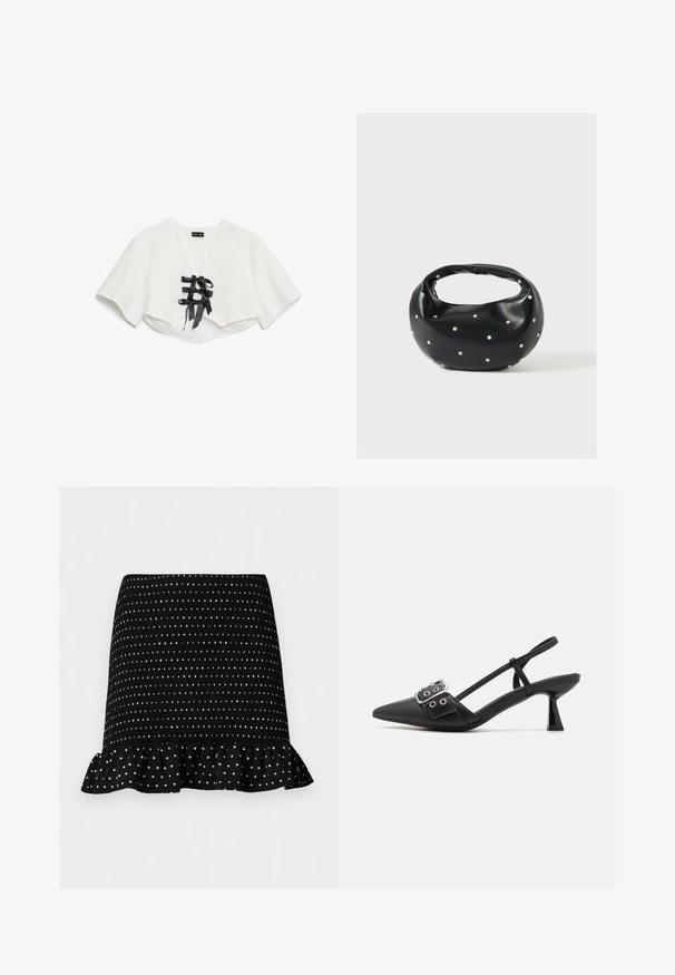Wit crop top met korte mouwen, met een textuurpatroon, V-hals en drie zwarte satijnen lintstrikken aan de voorkant.; Zwarte minirok met witte polkadots, gerimpelde textuur en gerufflede zoom tegen een effen lichte achtergrond.; Simmi London DALA - Klassieke pumps - black; Zwarte leren handtas met een afgeronde vorm, versierd met zilveren studs, en een korte handgreep. Gladde textuur en ritsluiting.