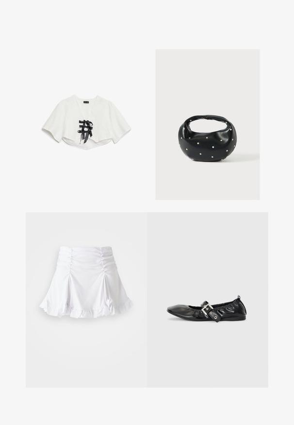 Biely croptop s krátkymi rukávmi, s textúrovaným vzorom, výstrihom do V a tromi čiernymi saténovými stuhami na prednej strane.; Biela sukňa vyrobená z textúrovanej látky s riasením a volánovým lemom. Má rozšírený strih s priliehavým pásom.; Čierna kožená plochá obuv s špicatou špičkou, zberaným detailom okolo otvoru a strieborným prackovým akcentom na nastaviteľnom remienku.; Čierna kožená kabelka s zaobleným tvarom, zdobená striebornými cvočkami a krátkym rúčkou. Hladká textúra a zapínanie na zips.