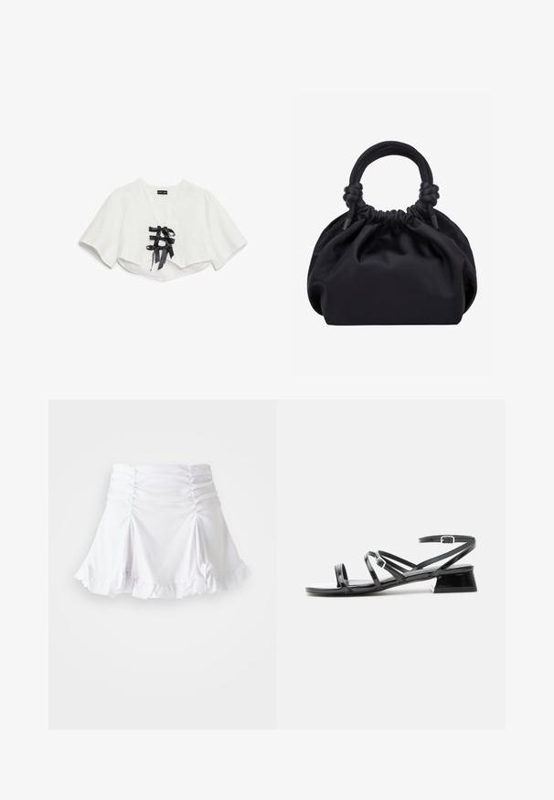 Hvid cropped top med korte ærmer, der har et tekstureret mønster, V-hals og tre sorte satinbåndknuder foran.; Hvid nederdel lavet af tekstureret stof med rynkedetaljer og bølger. Har en udvidet design med en tætsiddende talje.; Sort laklædersandal med lav hæl, flere tynde remme og en lille spændeankelrem på en hvid baggrund.; Sort blød stofhåndtaske med samlet top og cirkulære polstrede håndtag bundet med knuder på hver side.