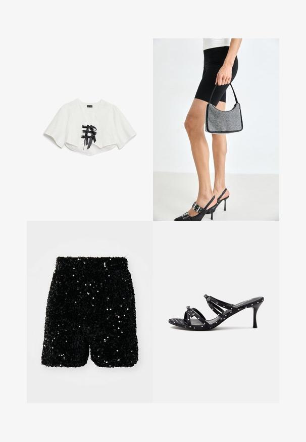 Biely croptop s krátkymi rukávmi, s textúrovaným vzorom, výstrihom do V a tromi čiernymi saténovými stuhami na prednej strane.; Vero Moda VMBELLA - Šortky - black; Čierna sandála na vysokom opätku s bielymi bodkami, otvorenou špičkou a tenkými krížovými remienkami na jednoduchom svetlom pozadí.; Čierna korálková kabelka s zakriveným siluetom, nosnou rukoväťou a lesklou textúrou. Nosená s vysokými čiernymi topánkami na opätku a priliehavými čiernymi šortkami.