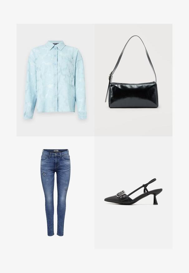 Hellblaues, blümchenmusterndes Hemd aus transparentem Stoff, mit Kragen, Knopfleiste und einer Brusttasche. Lange Ärmel mit Manschetten.; Skinny Jeans aus blauem Denim mit verblassten Bereichen und distressed Details, ausgestattet mit einem klassischen Fünf-Taschen-Design und einem Knopfverschluss.; Simmi London DALA - Pumps - black; Schwarze rechteckige Schultertasche mit einem verstellbaren Riemen und einem oberen Reißverschluss vor einfachem Hintergrund.