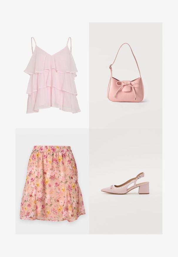 Haut sans manches en couches rose clair avec des bretelles spaghetti réglables et un design flottant et volé.; Jupe fleurie en tissu rose clair avec une ceinture élastique, ornée de fleurs multicolores, de forme évasée et de texture légère.; Escarpin rose à bride arrière avec un bout pointu, tige en tissu, découpes arrondies, accents de perles et talon large. Présente un détail de boucle latérale.; Petit sac bandoulière rose pastel avec sangle réglable et détail nœud à l'avant avec extrémités dorées sur un fond uni.