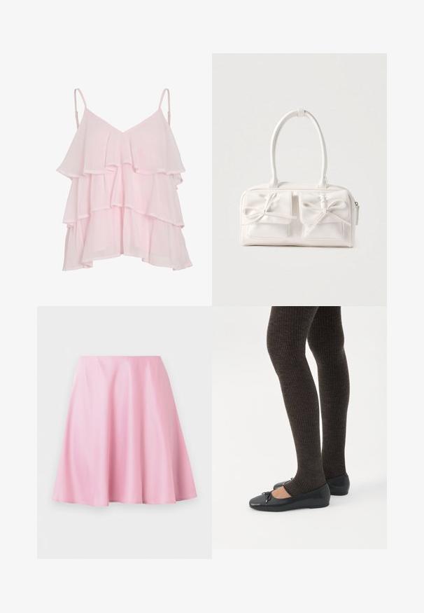 Haut sans manches en couches rose clair avec des bretelles spaghetti réglables et un design flottant et volé.; Jupe rose longueur genou en ligne A avec un tissu lisse et de légères plis, présentée sur un fond blanc uni.; Jambes portant des leggings côtelés foncés associés à des ballerines noires avec de petits détails en nœud sur fond blanc.; Sac à main synthétique blanc avec deux poches avant, chacune ornée d'un nœud noué. Texture lisse, anses arrondies et fermeture zippée.