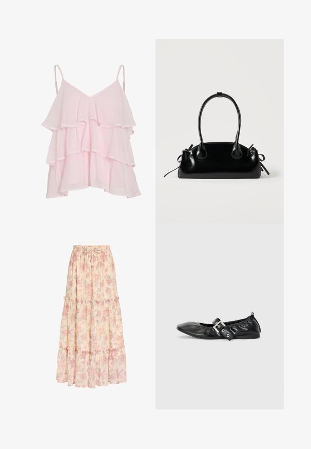 Haut sans manches en couches rose clair avec des bretelles spaghetti réglables et un design flottant et volé.; Jupe longue beige avec motif floral rose, taille élastique avec cordon et détails à volants superposés.; Chaussure plate en cuir noir avec un nez pointu, des détails froncés autour de l'ouverture et un accent en boucle argentée sur la bride ajustable.; Petit sac à main noir brillant avec deux longues anses et des détails à cordon sur les côtés sur un fond clair uni.